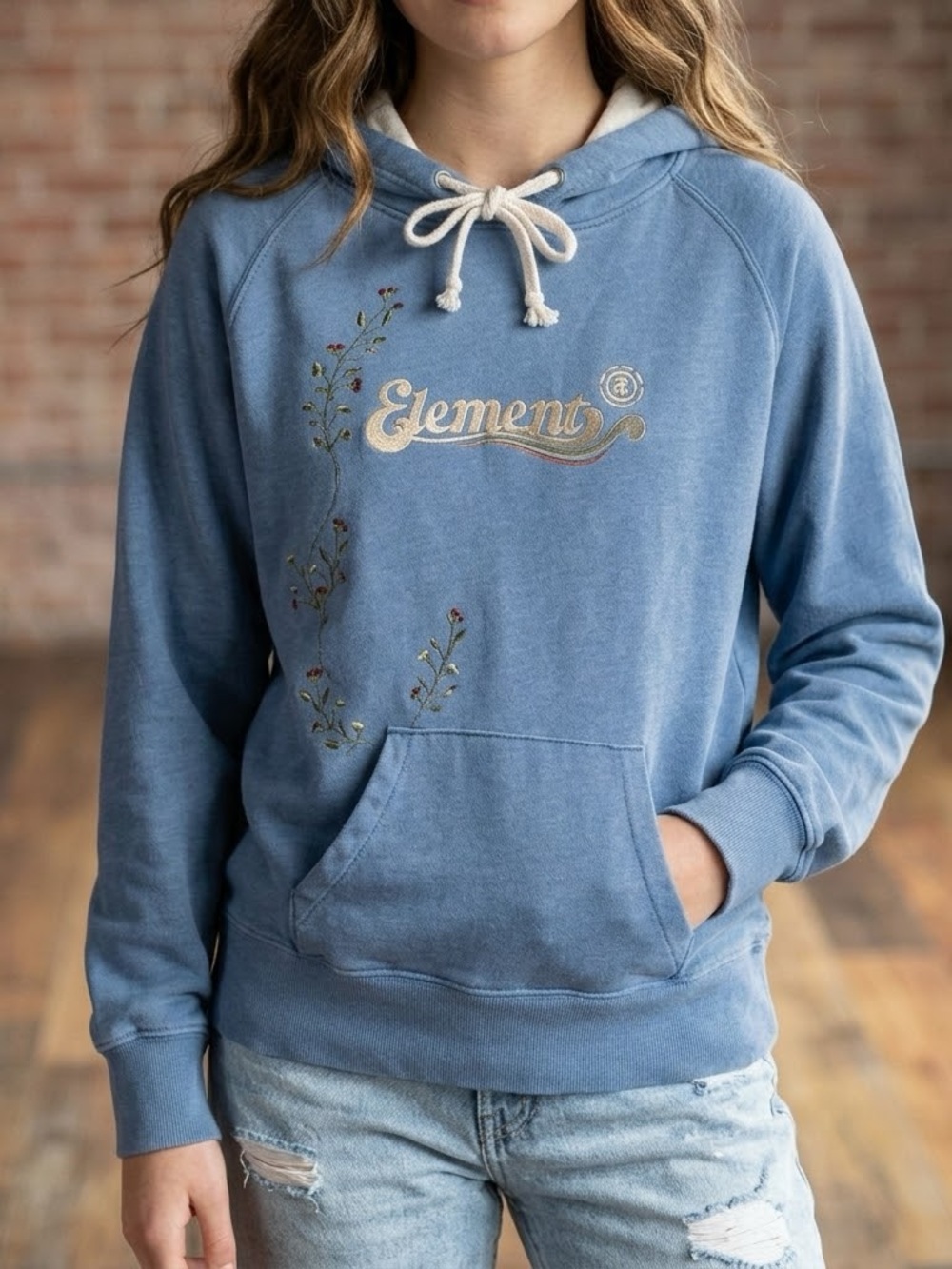 Element Women's Light Blue Pullover Hoodie with Floral Embroidery
